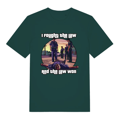 Green I Fought The Law funny graphic t-shirt showing classic police takedown artwork with “I fought the law and the law won” lettering  