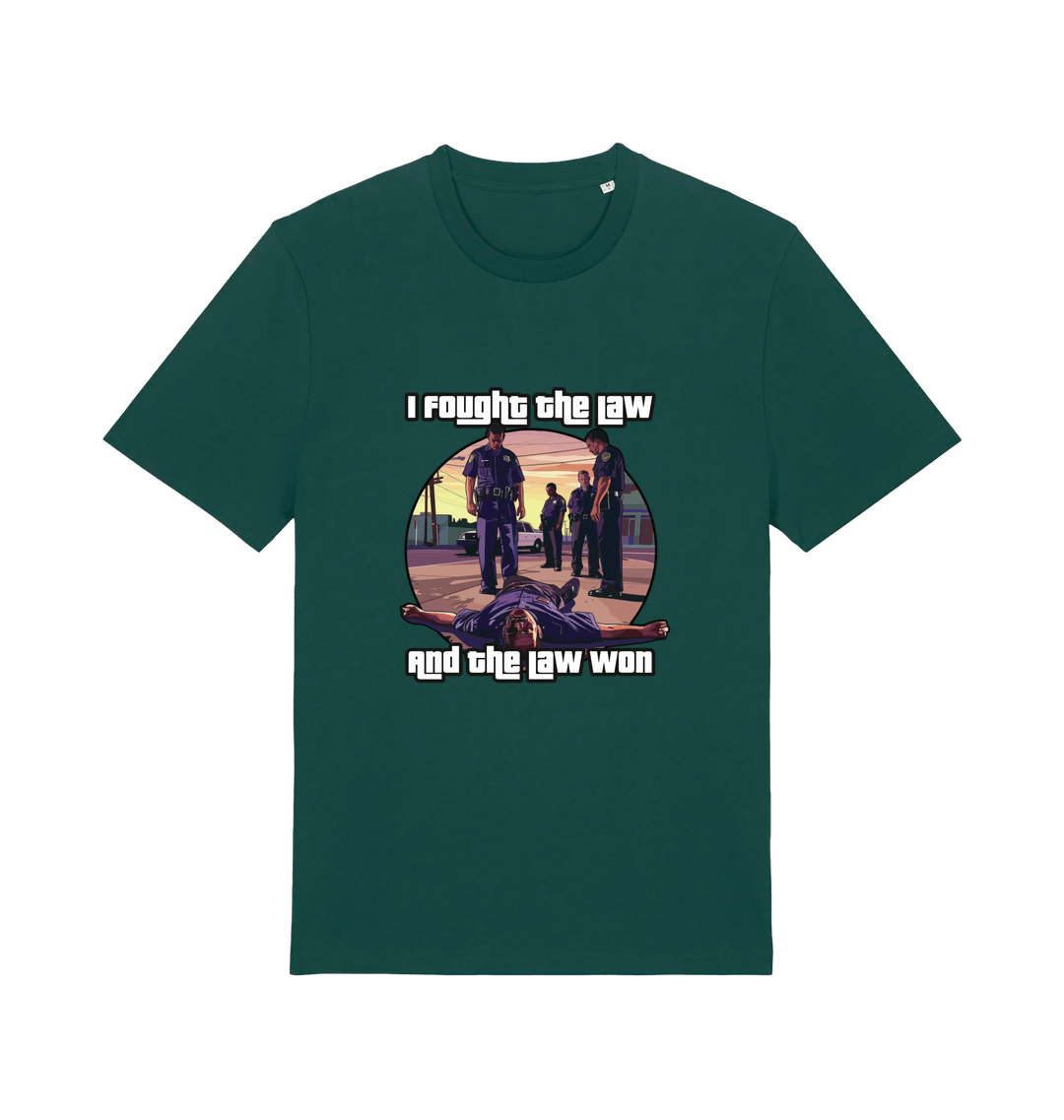 green music t-shirt with a GTA style graphic and the slogan 'i fought the law and the law won'