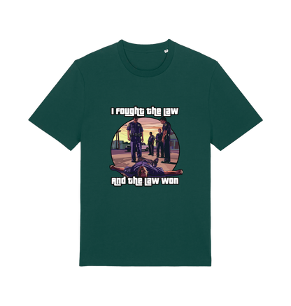 green music t-shirt with a GTA style graphic and the slogan 'i fought the law and the law won'