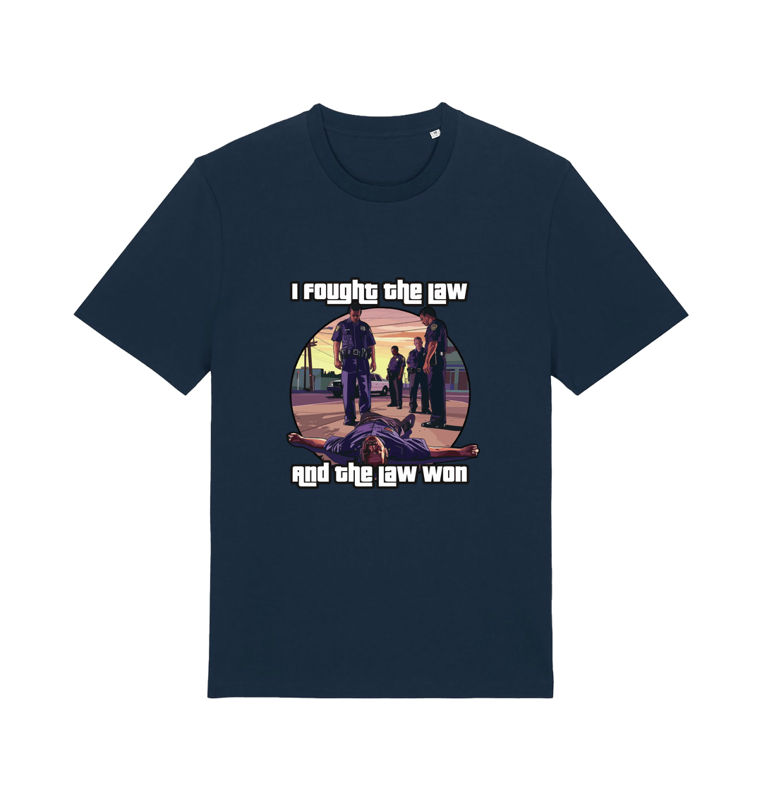 navy music t-shirt with a GTA style graphic and the slogan 'i fought the law and the law won'