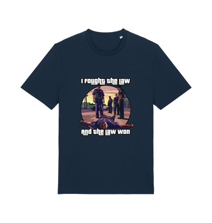 navy music t-shirt with a GTA style graphic and the slogan 'i fought the law and the law won'