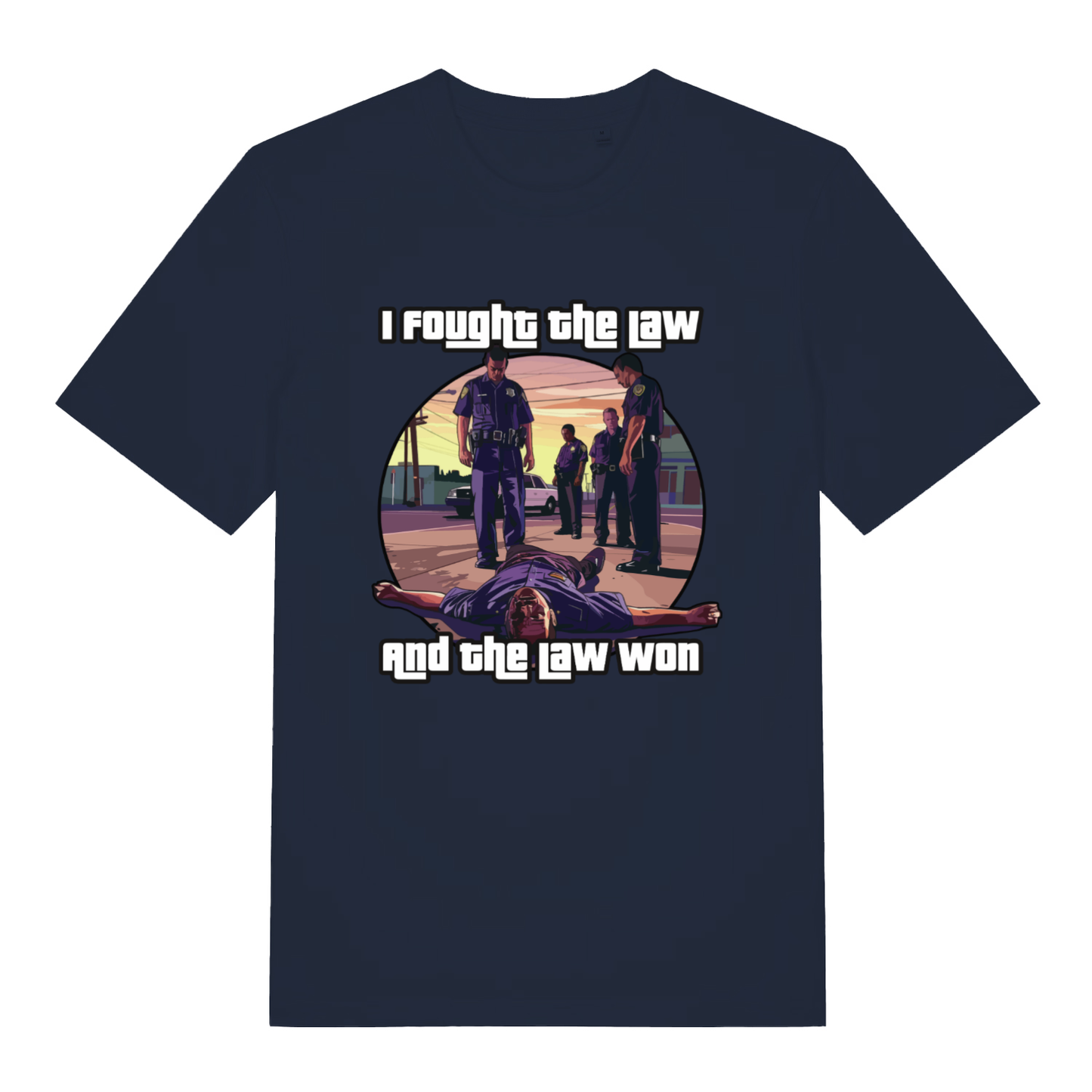 Navy I Fought The Law funny graphic t-shirt with detailed GTA-style law enforcement scene and witty defeat slogan  