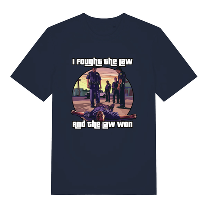 Navy I Fought The Law funny graphic t-shirt with detailed GTA-style law enforcement scene and witty defeat slogan  