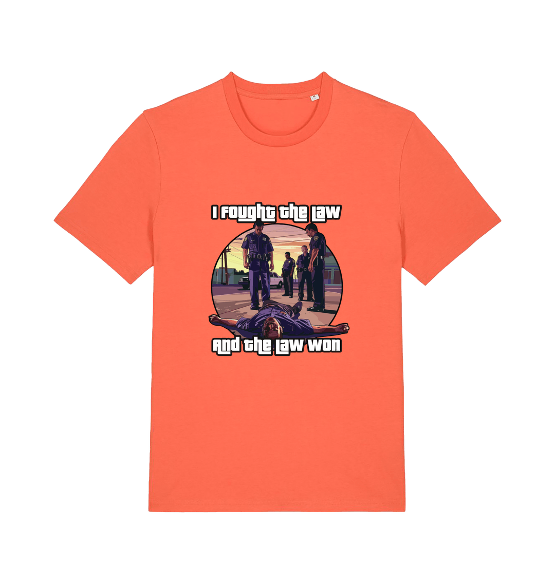 orange music t-shirt with a GTA style graphic and the slogan 'i fought the law and the law won'