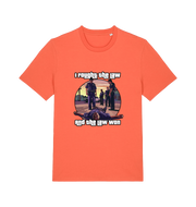 orange music t-shirt with a GTA style graphic and the slogan 'i fought the law and the law won'