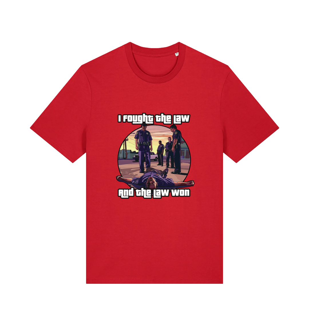 red music t-shirt with a GTA style graphic and the slogan 'i fought the law and the law won'