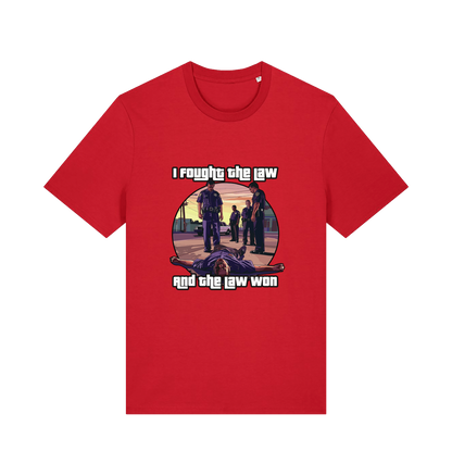red music t-shirt with a GTA style graphic and the slogan 'i fought the law and the law won'