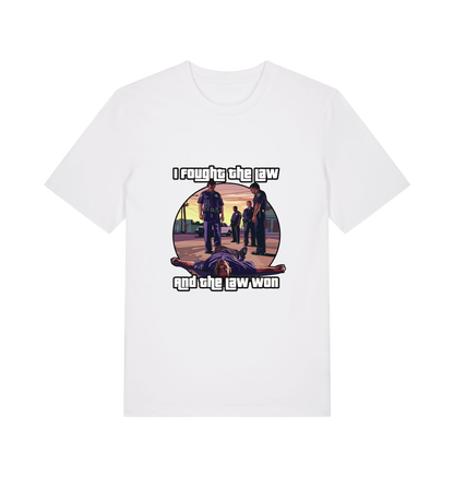 white music t-shirt with a GTA style graphic and the slogan 'i fought the law and the law won'