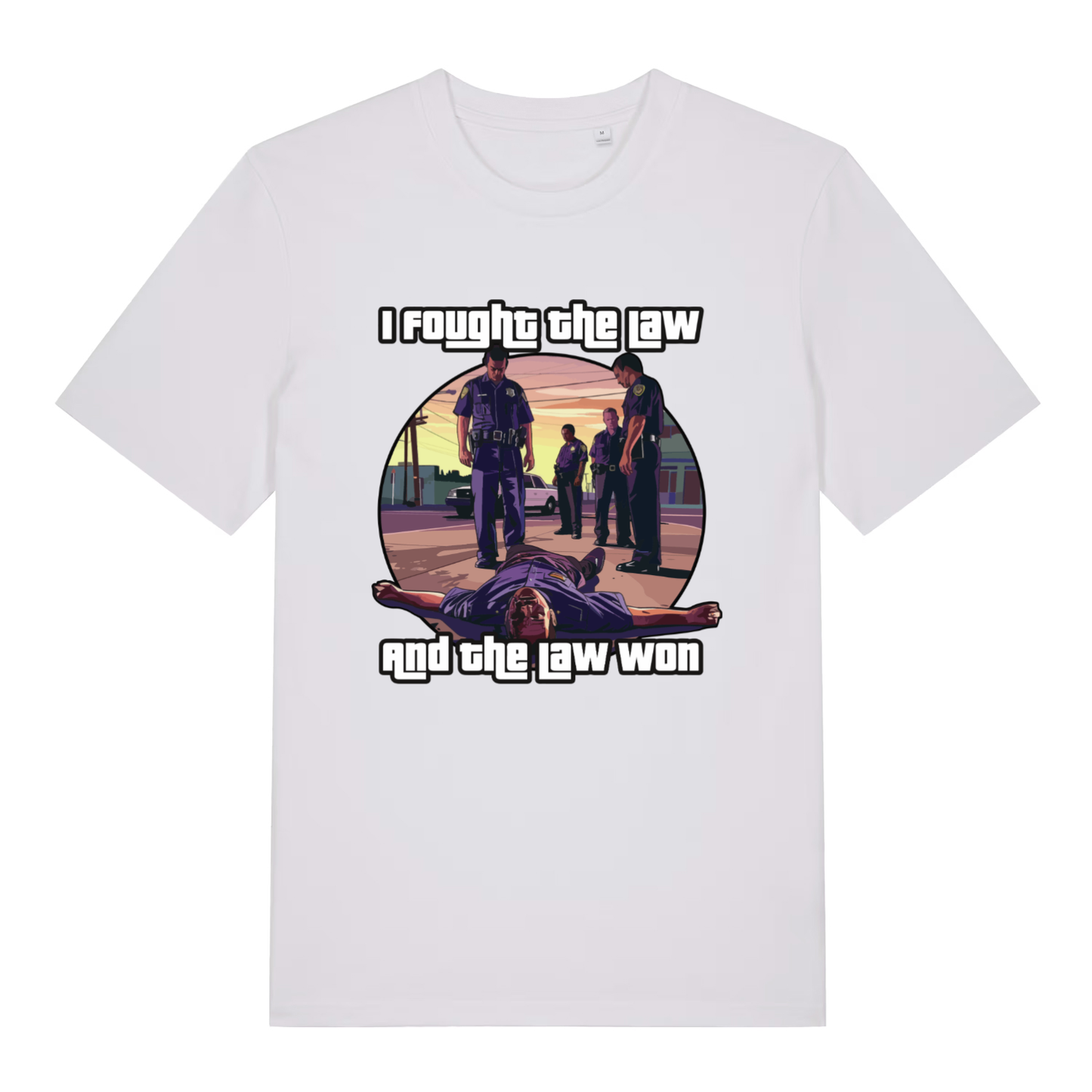 White I Fought The Law funny graphic t-shirt displaying bold police artwork and “I fought the law and the law won” text  