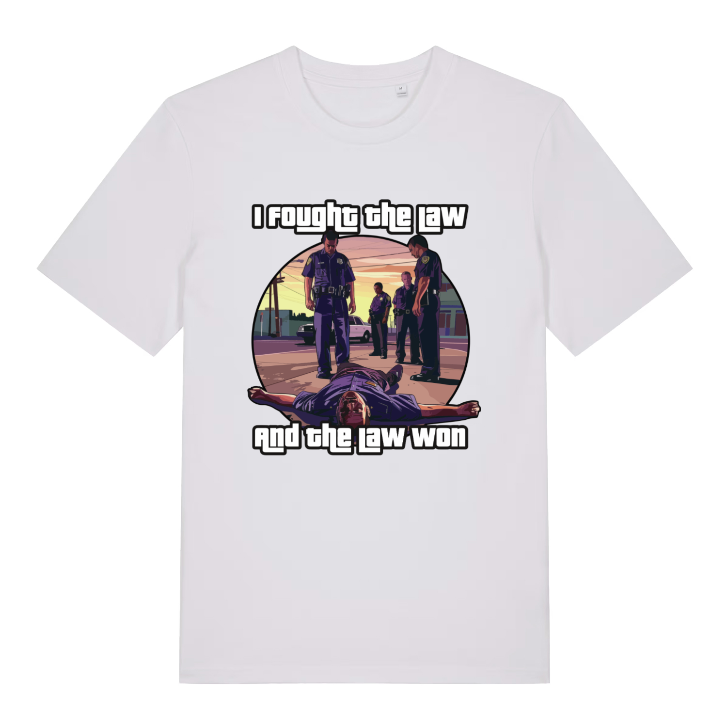 White I Fought The Law funny graphic t-shirt displaying bold police artwork and “I fought the law and the law won” text  
