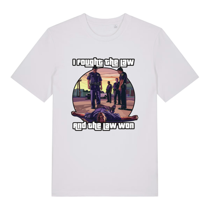White I Fought The Law funny graphic t-shirt displaying bold police artwork and “I fought the law and the law won” text  