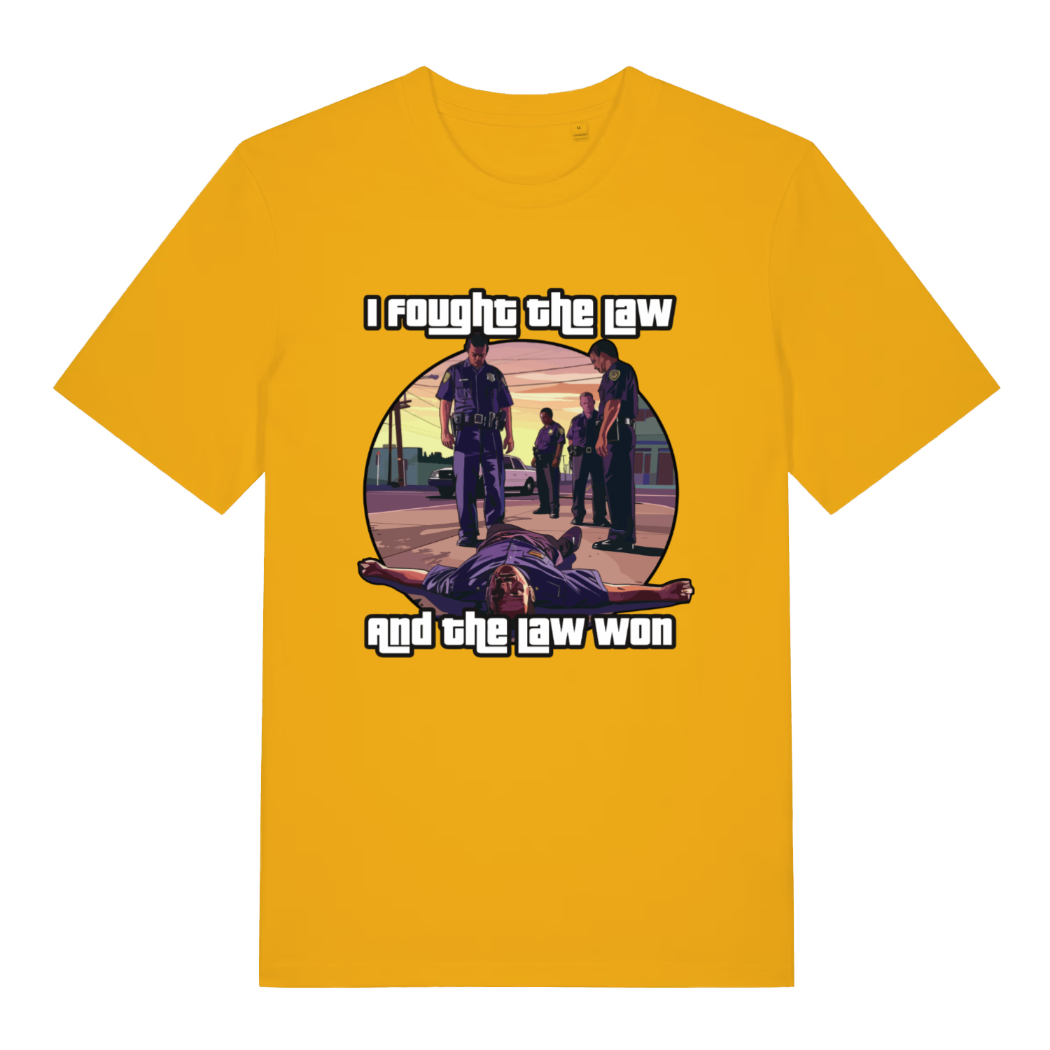 Yellow I Fought The Law funny graphic t-shirt featuring vibrant gaming-style arrest scene and classic “I fought the law and the law won” design  