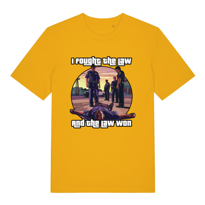 Yellow I Fought The Law funny graphic t-shirt featuring vibrant gaming-style arrest scene and classic “I fought the law and the law won” design  