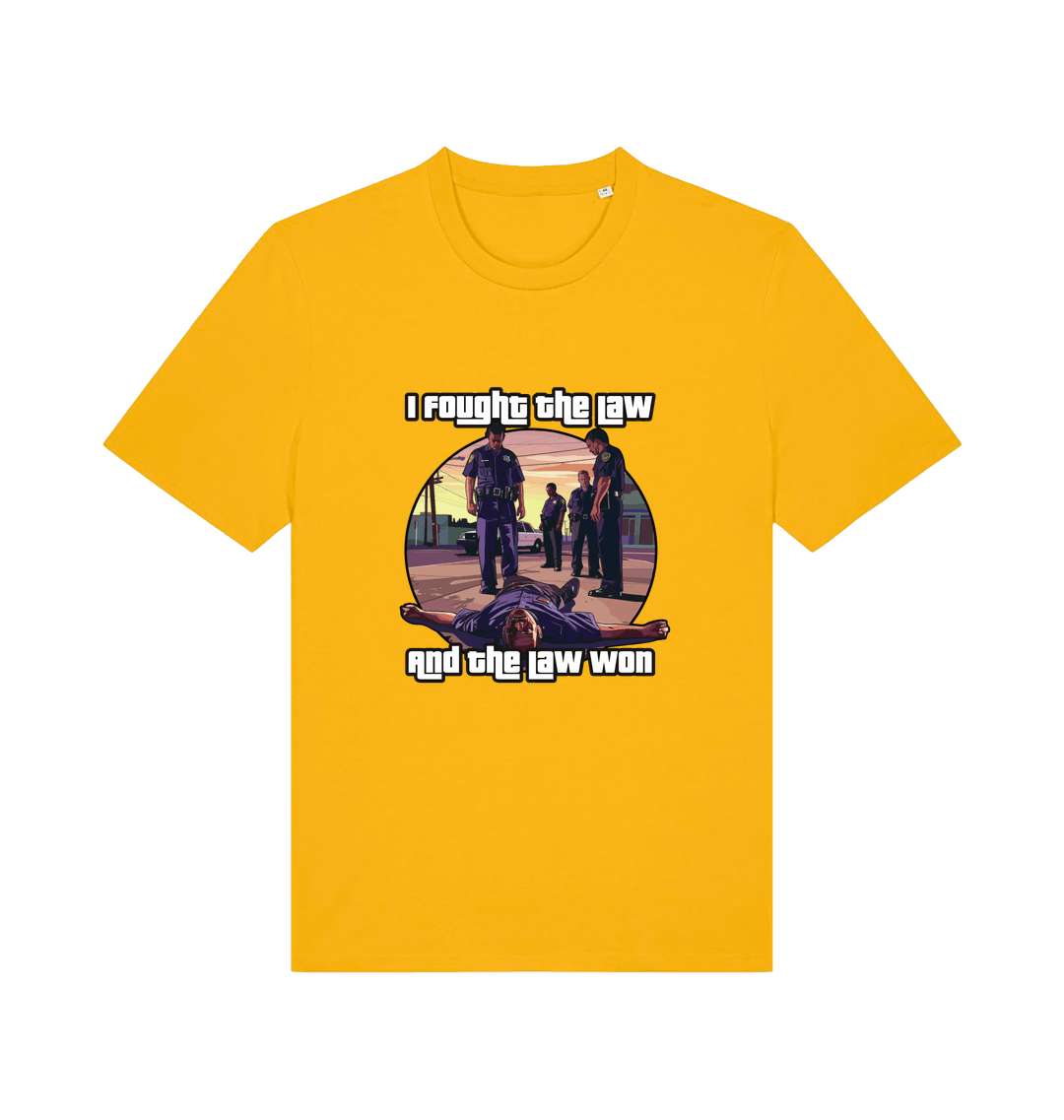 yellow music t-shirt with a GTA style graphic and the slogan 'i fought the law and the law won'