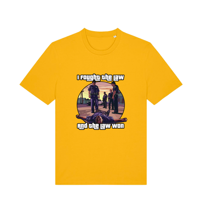 yellow music t-shirt with a GTA style graphic and the slogan 'i fought the law and the law won'