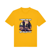 yellow music t-shirt with a GTA style graphic and the slogan 'i fought the law and the law won'
