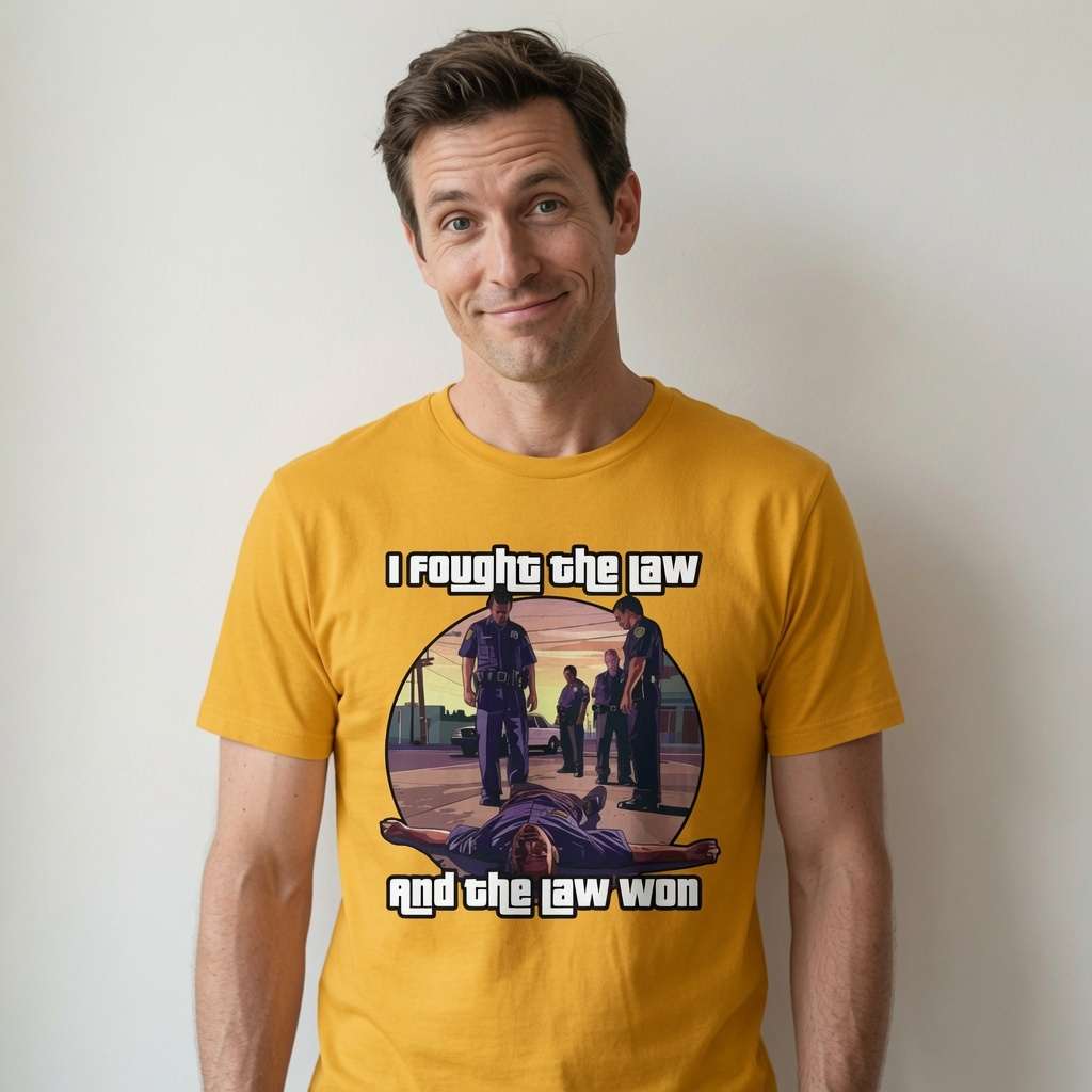 Man smiling in yellow I Fought the Law and the Law Won t-shirt featuring GTA-style police graphic, mens witty fun gaming