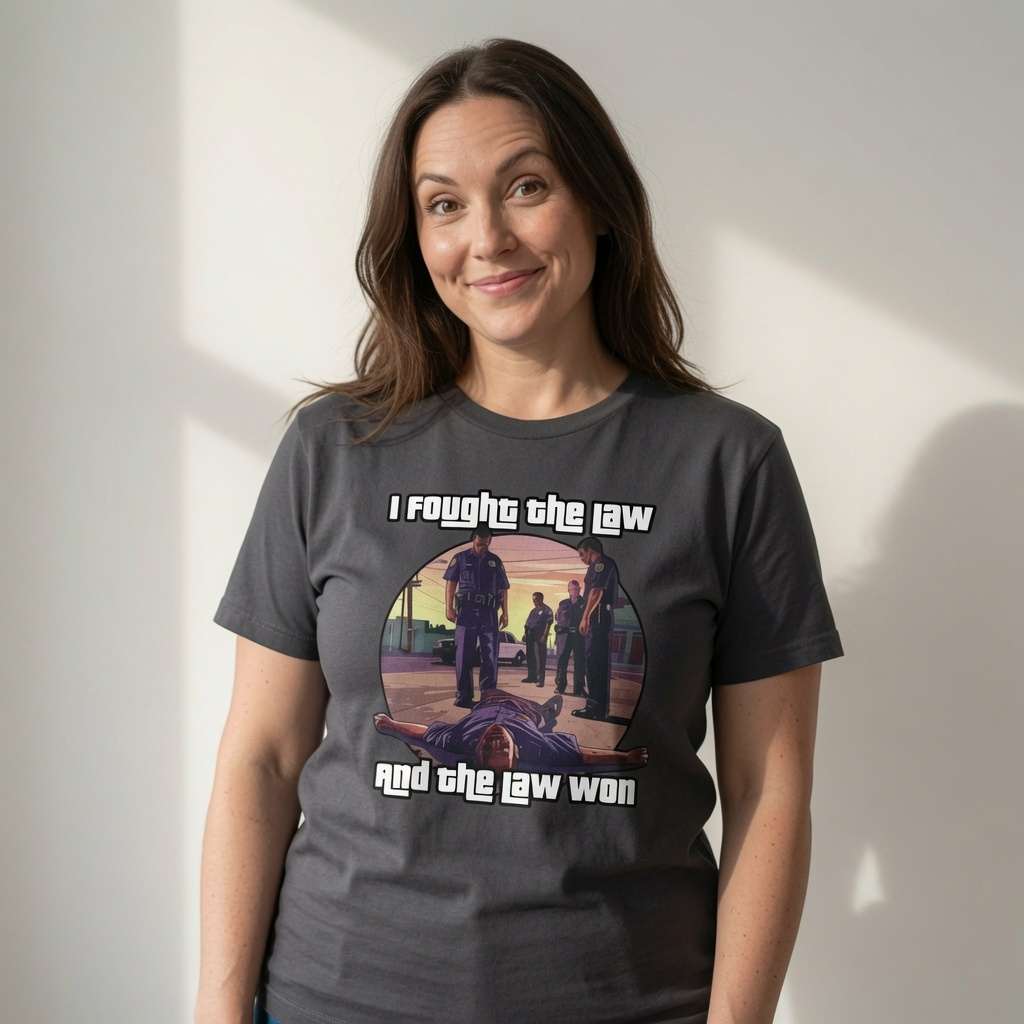 Woman looking at camera in black I Fought the Law and the Law Won tee with face-down character design, fun witty ladies gaming graphic