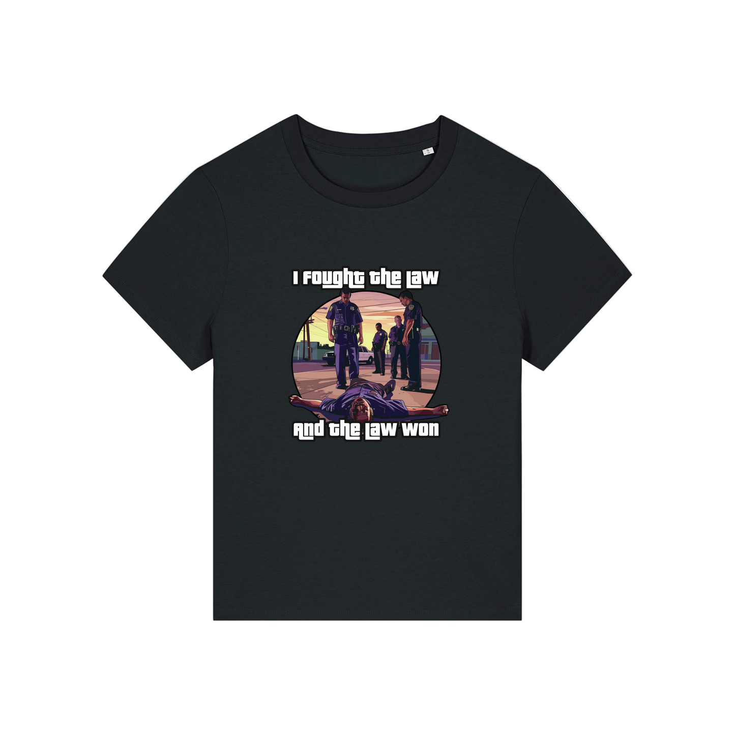 black music t-shirt with a graphic design in the style of GTA and the slogan 'i fought the law and the law won'