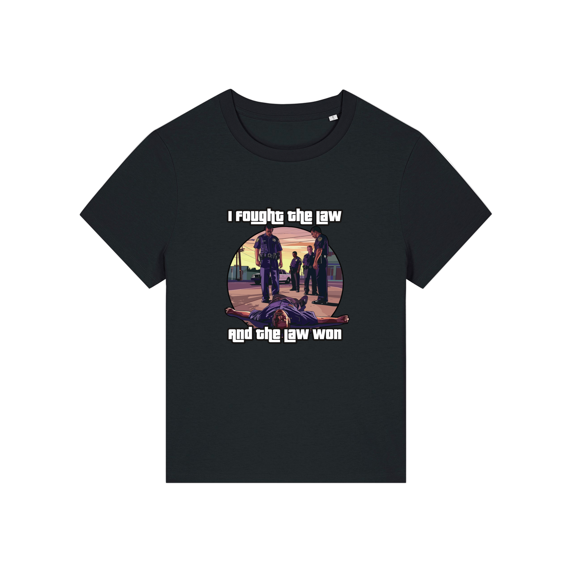 black music t-shirt with a graphic design in the style of GTA and the slogan 'i fought the law and the law won'