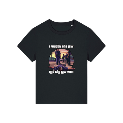 black music t-shirt with a graphic design in the style of GTA and the slogan 'i fought the law and the law won'