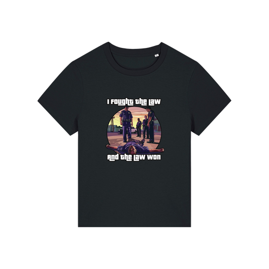 black music t-shirt with a graphic design in the style of GTA and the slogan 'i fought the law and the law won'