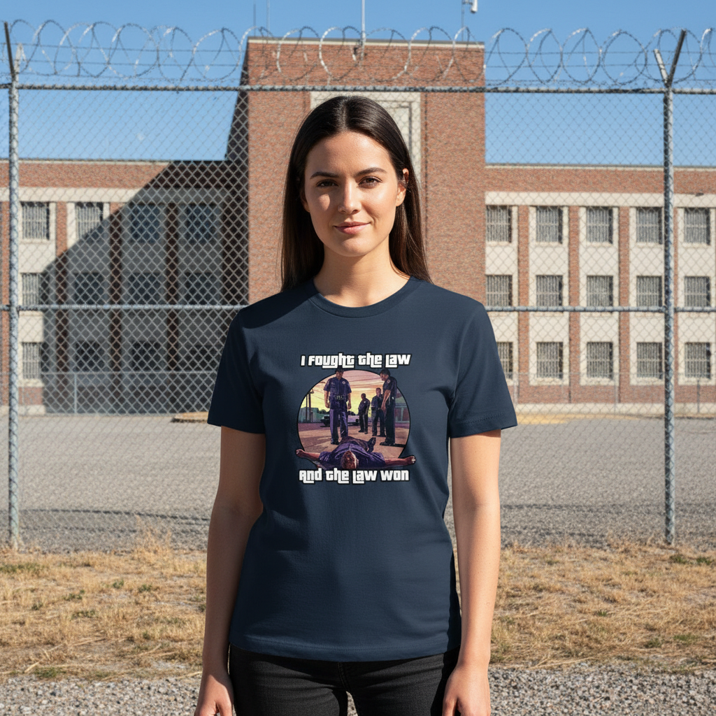 Person wearing a navy blue t-shirt with graphic design and text, standing in front of a brick building and chain-link fence.