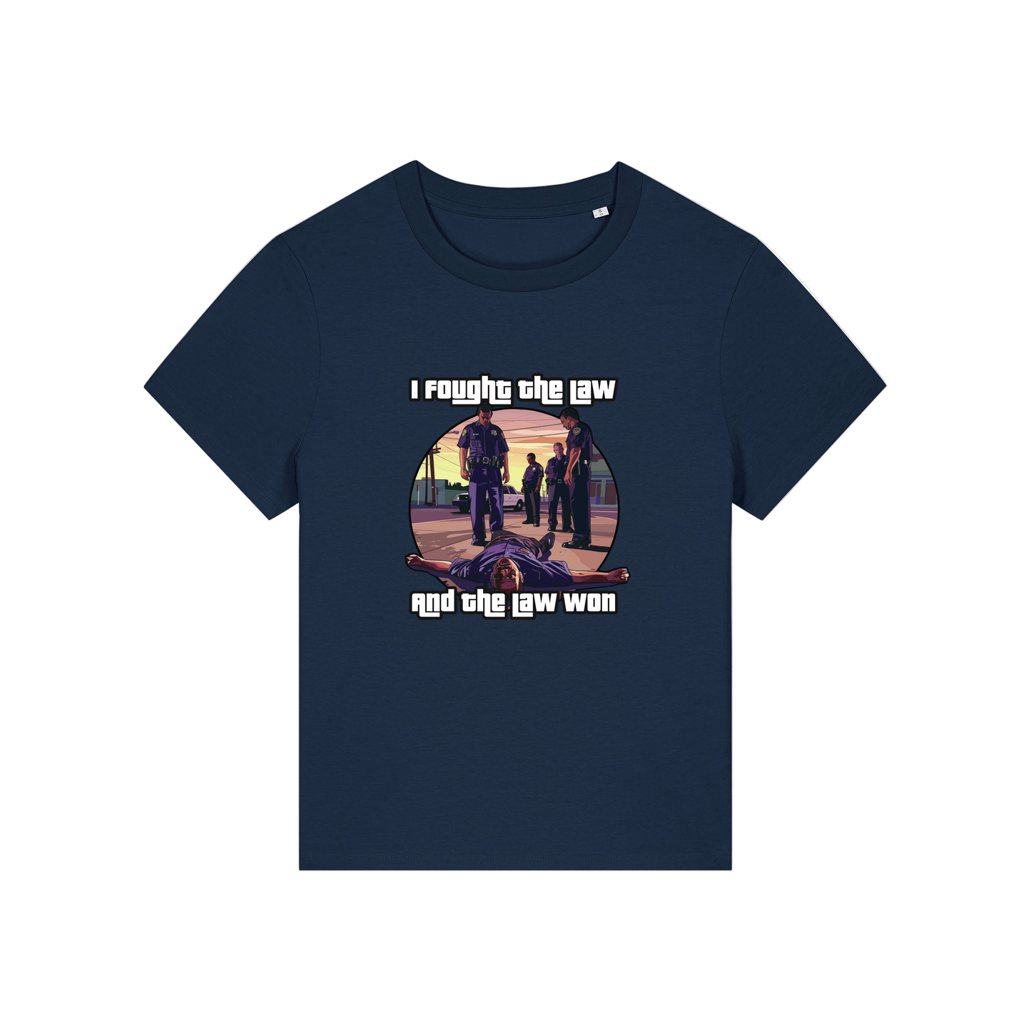 navy music t-shirt with a graphic design in the style of GTA and the slogan 'i fought the law and the law won'