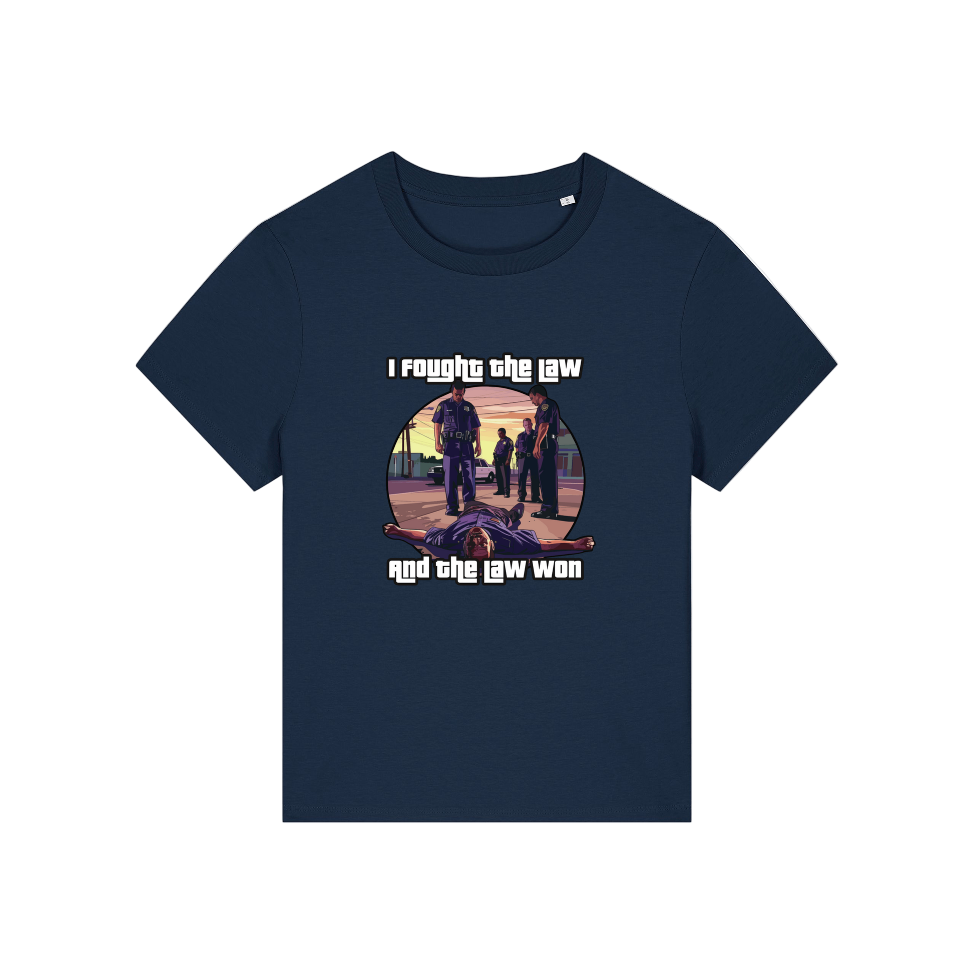 navy music t-shirt with a graphic design in the style of GTA and the slogan 'i fought the law and the law won'