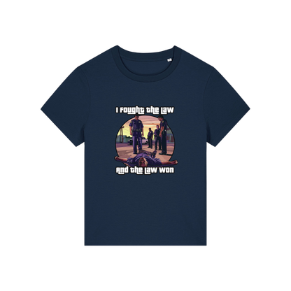 navy music t-shirt with a graphic design in the style of GTA and the slogan 'i fought the law and the law won'