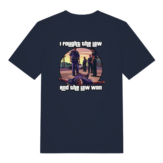 navy women's music t-shirt with a GTA style graphic and the text 'i fought the law and the law won'