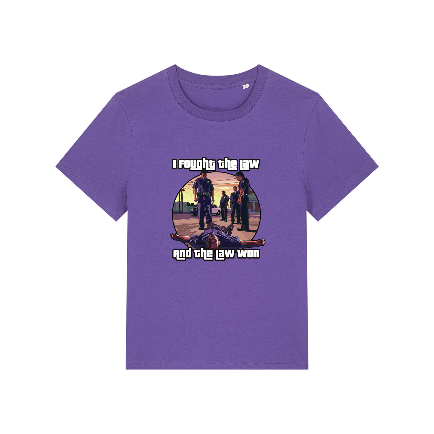 purple music t-shirt with a graphic design in the style of GTA and the slogan 'i fought the law and the law won'