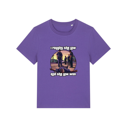 purple music t-shirt with a graphic design in the style of GTA and the slogan 'i fought the law and the law won'