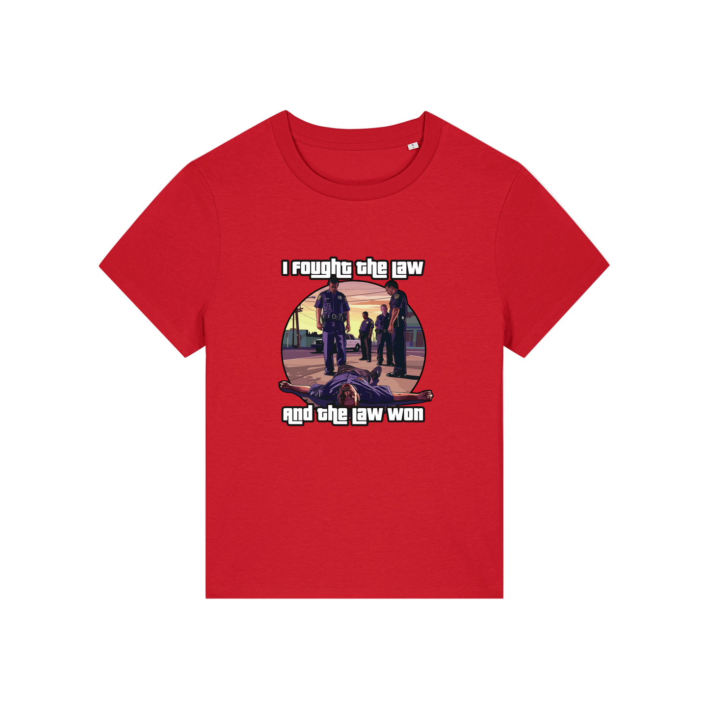 red music t-shirt with a graphic design in the style of GTA and the slogan 'i fought the law and the law won'