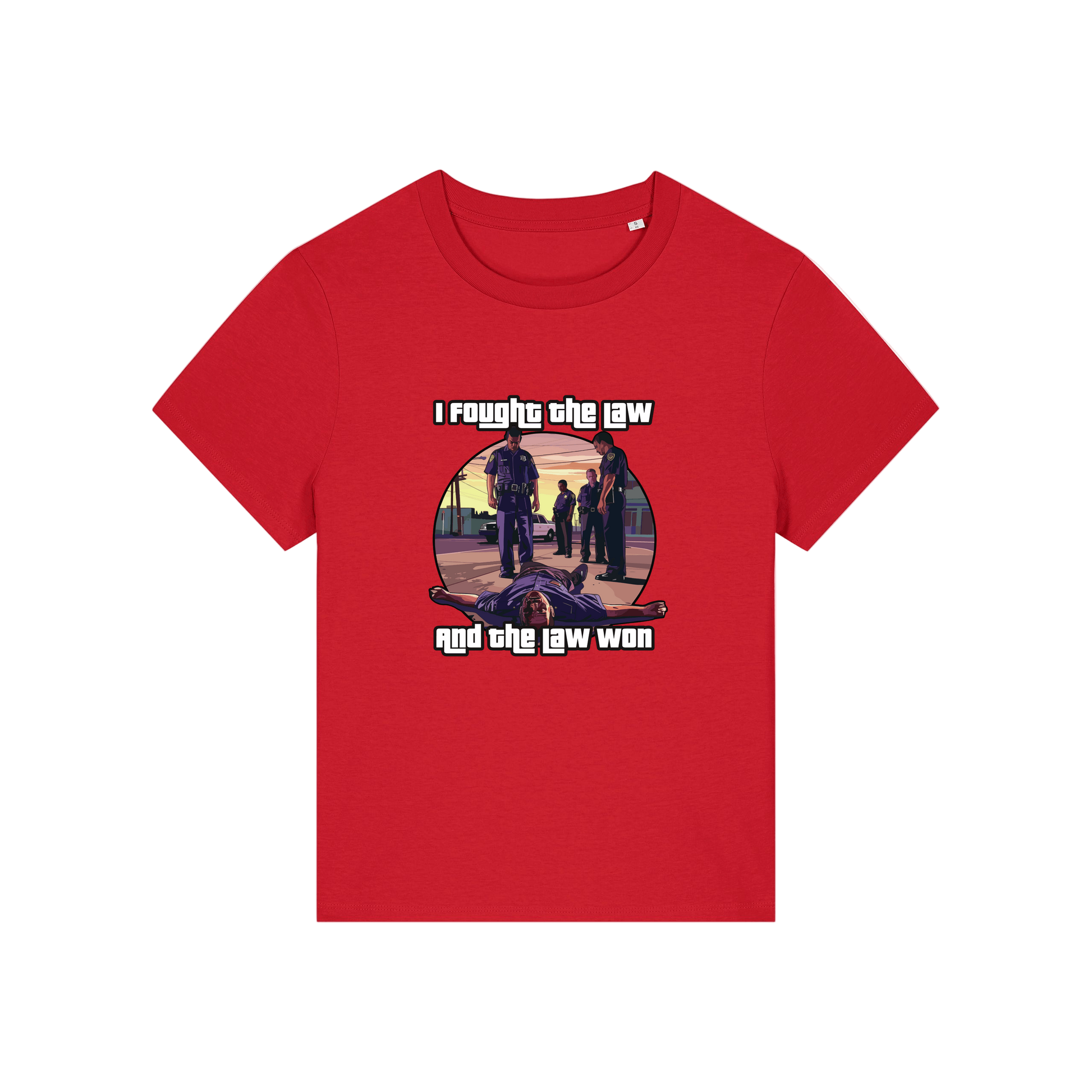 red music t-shirt with a graphic design in the style of GTA and the slogan 'i fought the law and the law won'