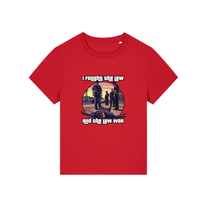 red music t-shirt with a graphic design in the style of GTA and the slogan 'i fought the law and the law won'