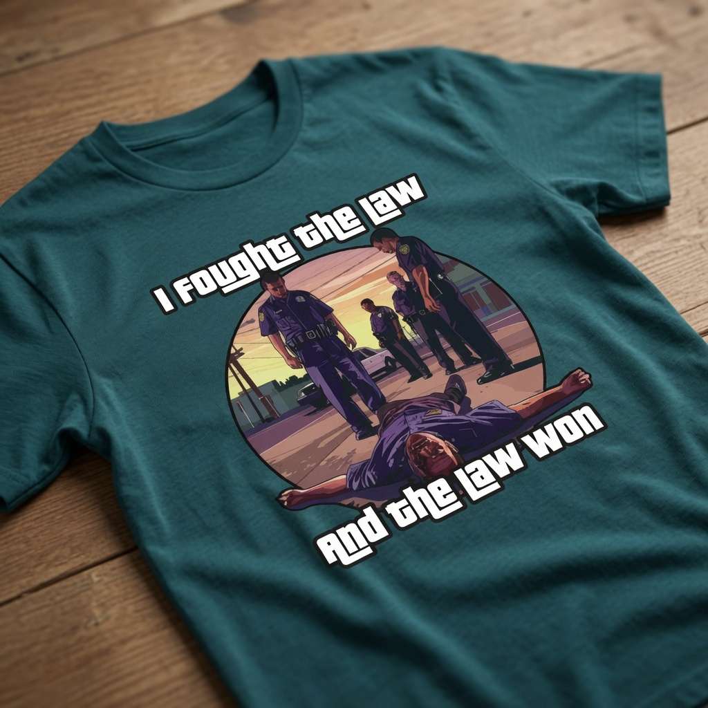 Stargazer I Fought the Law and the Law Won t-shirt on wood featuring GTA-style scene, fun ladies witty gaming graphic