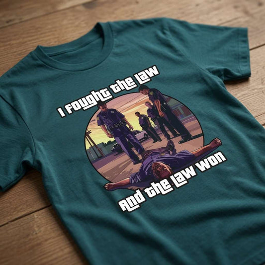 Stargazer I Fought the Law and the Law Won t-shirt on wood featuring GTA-style scene, fun ladies witty gaming graphic