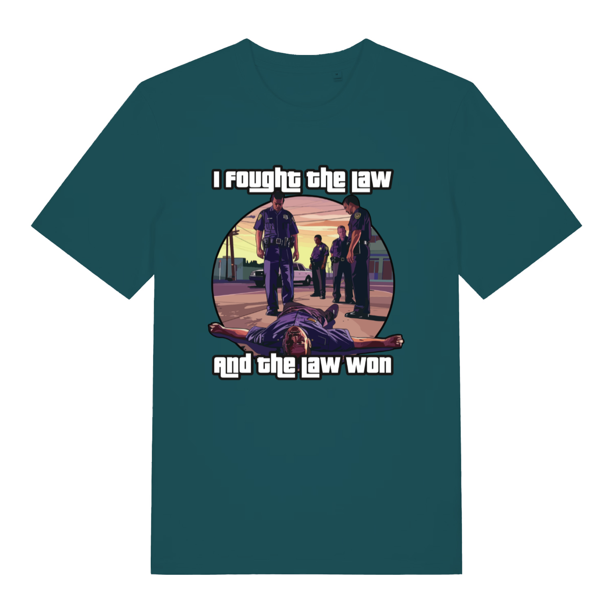Stargazer women's I Fought The Law funny graphic t-shirt showing classic police takedown artwork with “I fought the law and the law won” lettering  