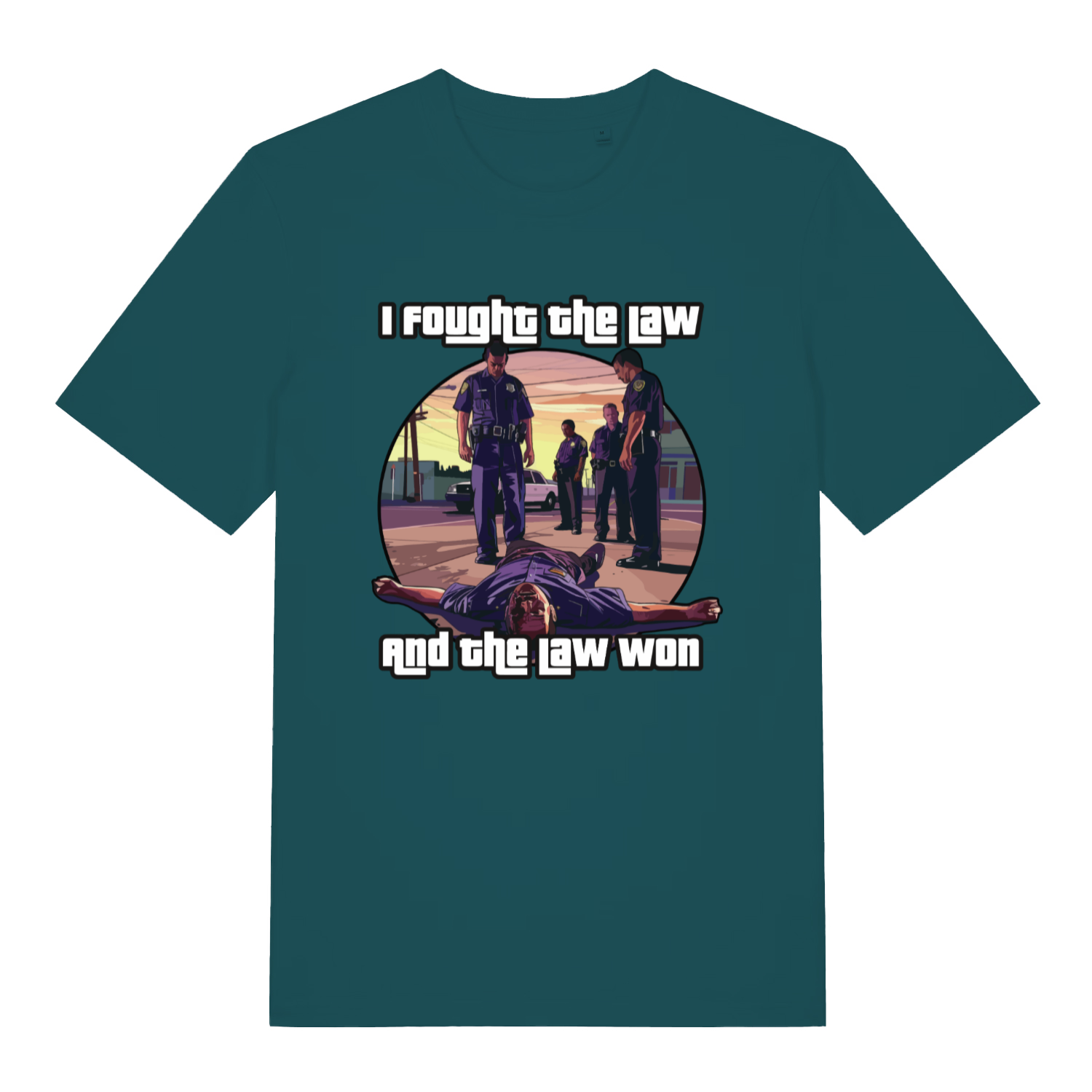 Stargazer women's I Fought The Law funny graphic t-shirt showing classic police takedown artwork with “I fought the law and the law won” lettering  