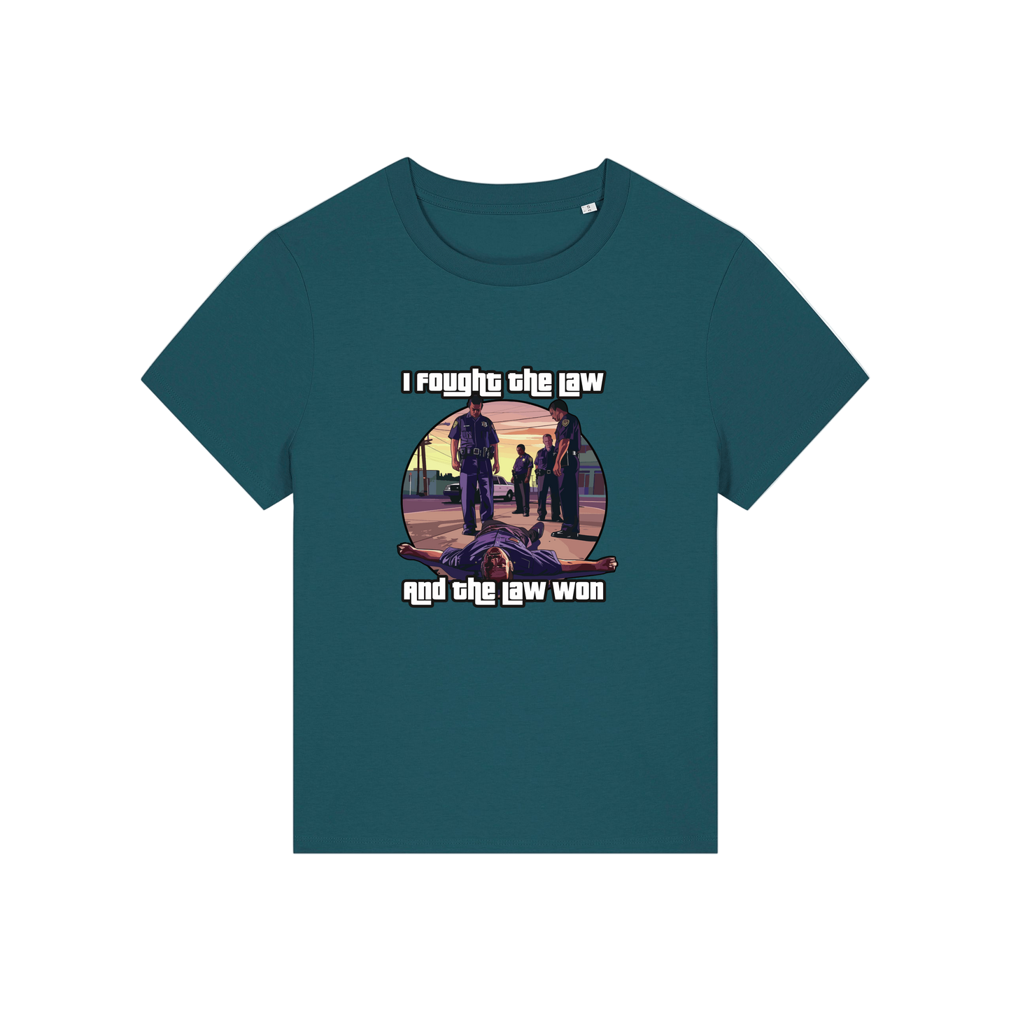 teal music t-shirt with a graphic design in the style of GTA and the slogan 'i fought the law and the law won'
