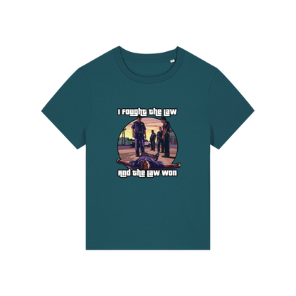teal music t-shirt with a graphic design in the style of GTA and the slogan 'i fought the law and the law won'
