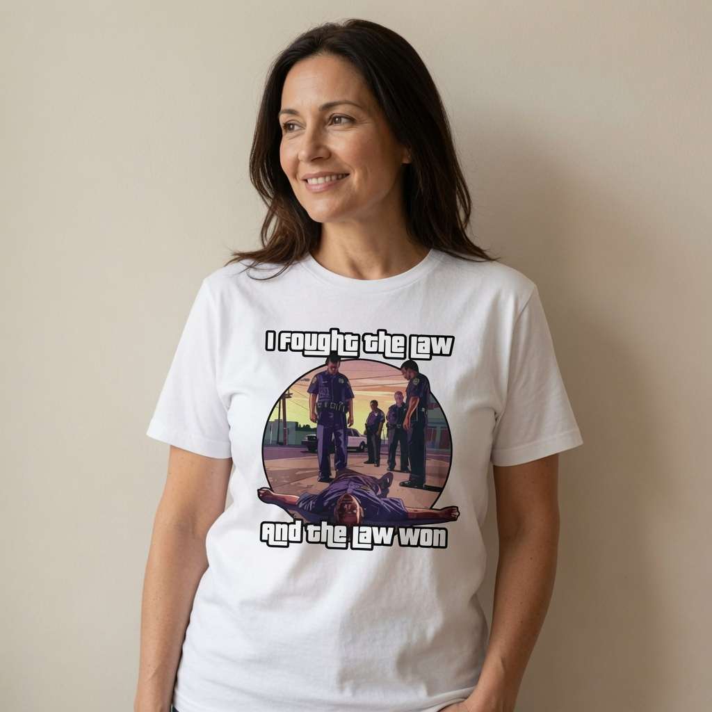 Woman smiling looking to the side in white I Fought the Law and the Law Won t-shirt featuring GTA-style police graphic, fun witty ladies music gaming