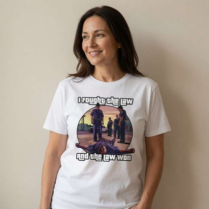 Woman smiling looking to the side in white I Fought the Law and the Law Won t-shirt featuring GTA-style police graphic, fun witty ladies music gaming