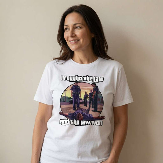 Woman smiling looking to the side in white I Fought the Law and the Law Won t-shirt featuring GTA-style police graphic, fun witty ladies music gaming