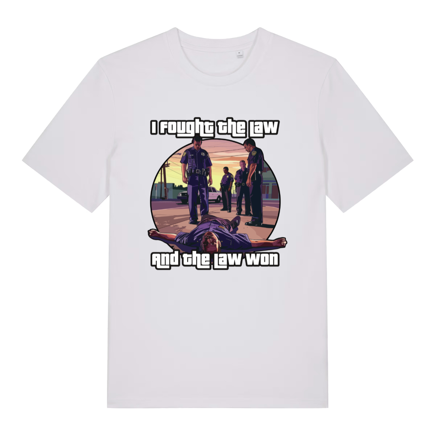 White women's I Fought The Law funny graphic t-shirt with detailed GTA-style law enforcement scene and witty defeat slogan  