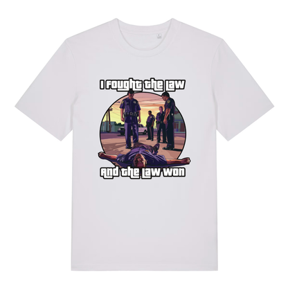 White women's I Fought The Law funny graphic t-shirt with detailed GTA-style law enforcement scene and witty defeat slogan  
