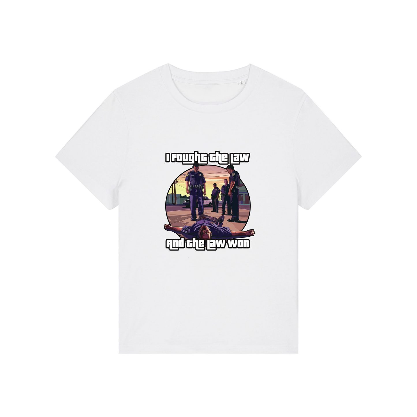 white music t-shirt with a graphic design in the style of GTA and the slogan 'i fought the law and the law won'