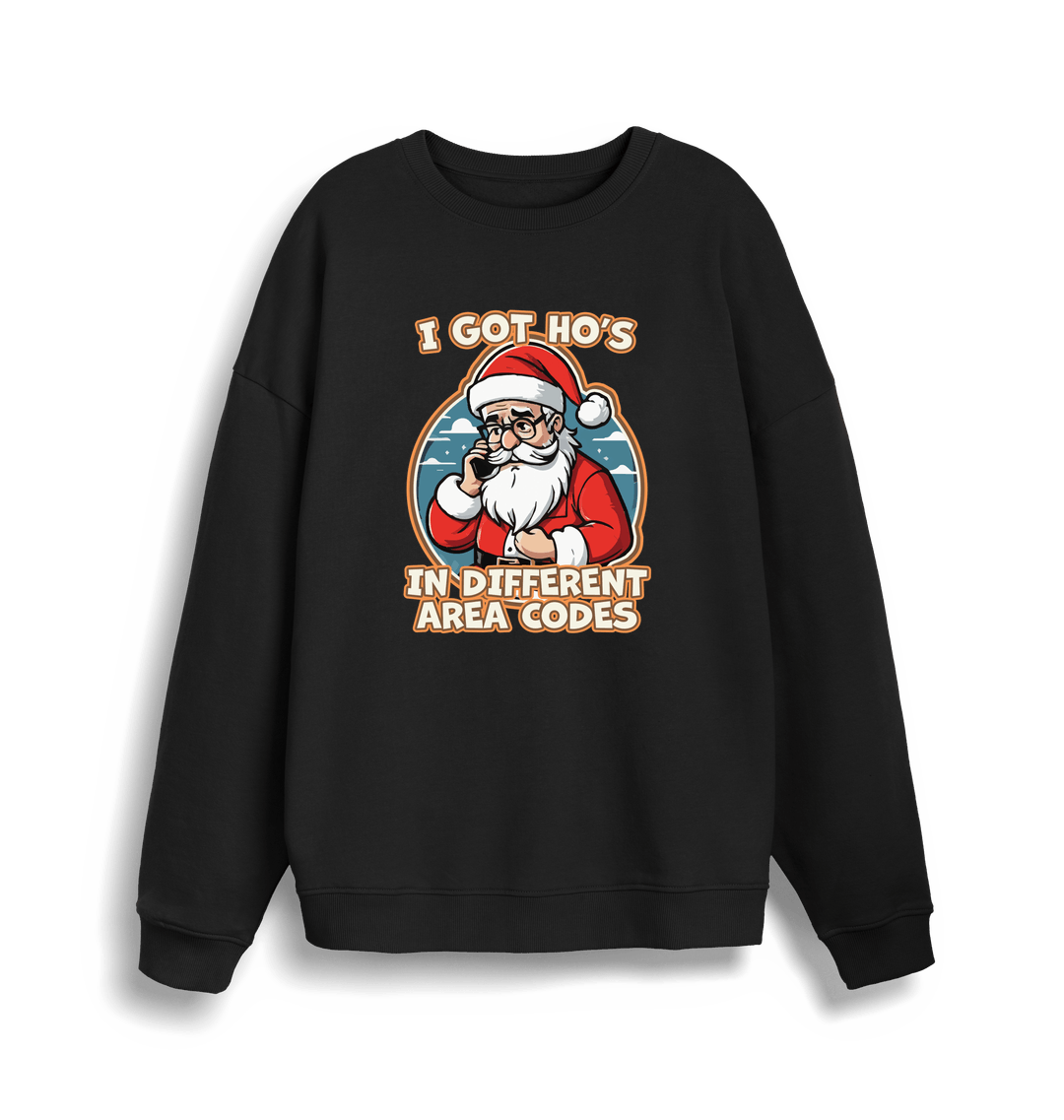black christmas sweater with the graphic of santa on the telephone and the slogan 'i got ho's in different area codes'