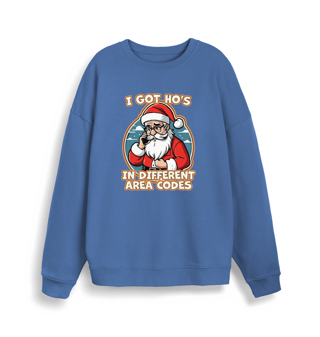 blue christmas sweater with the graphic of santa on the telephone and the slogan 'i got ho's in different area codes'